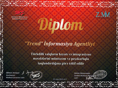 АМИ Trend удостоено диплома за вклад в интеграцию тюркоязычного мира