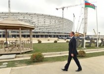 Azerbaijani president, his spouse review progress of construction at Baku Olympic Stadium
