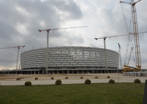 Azerbaijani president, his spouse review progress of construction at Baku Olympic Stadium