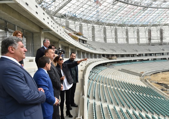 Azerbaijani president, his spouse review progress of construction at Baku Olympic Stadium