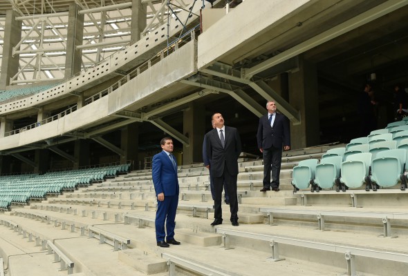 Azerbaijani president, his spouse review progress of construction at Baku Olympic Stadium