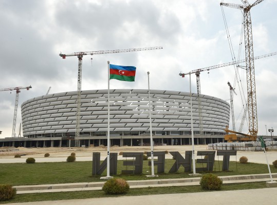 Azerbaijani president, his spouse review progress of construction at Baku Olympic Stadium