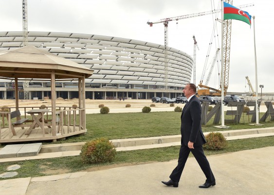 Azerbaijani president, his spouse review progress of construction at Baku Olympic Stadium