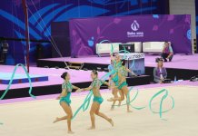 Азербайджанские гимнастки выступили с лентами в групповых упражнениях  в рамках Евроигр (ФОТО)