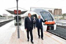Azerbaijani president attends ceremony to see off first train on Baku-Sumgayit route