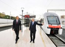 Azerbaijani president attends ceremony to see off first train on Baku-Sumgayit route