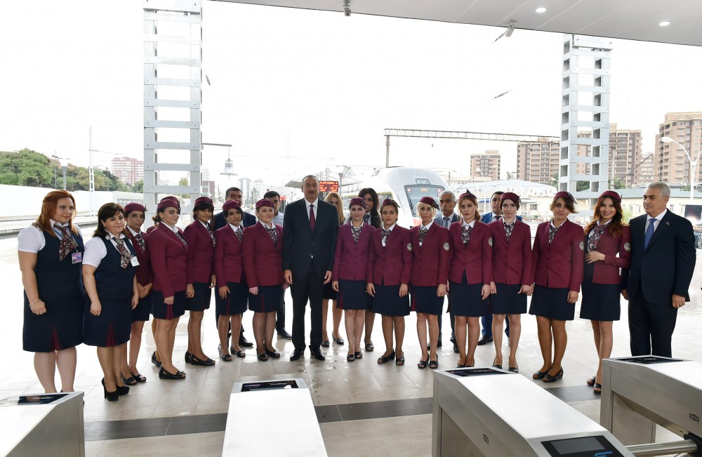 Azerbaijani president attends ceremony to see off first train on Baku-Sumgayit route