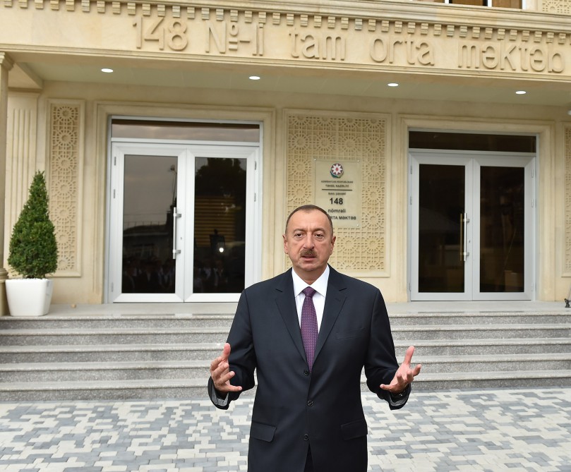 President Ilham Aliyev reviews school No. 148 after reconstruction in Baku