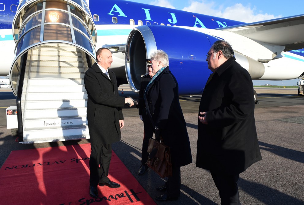 President Aliyev arrives in UK