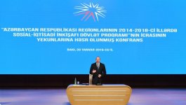 Президент Ильхам Алиев принял участие в конференции по итогам выполнения Госпрограммы социально-экономического развития регионов Азербайджана в 2014-2018 гг. (ФОТО)
