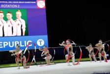 В рамках третьего дня Чемпионата Европы в Баку проходят выступление групповых команд в упражнениях с пятью лентами (ФОТО)