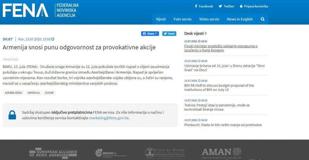 Зарубежные СМИ широко освещают военную провокацию Армении против Азербайджана (ФОТО)