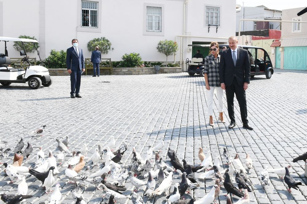 Azerbaijani president, first lady view landscaping work carried out in Balakhani settlement (PHOTO)