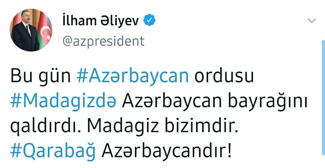 Президент Ильхам Алиев: Сегодня Азербайджанская армия подняла Азербайджанский флаг в Мадагизе (ФОТО)
