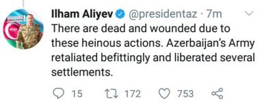 President Ilham Aliyev: Armenian armed forces grossly violated agreed temporary humanitarian ceasefire