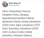 President Ilham Aliyev: Victorious Azerbaijani Army liberated 48 more villages, 1 settlement and 8 strategic hills from occupation
