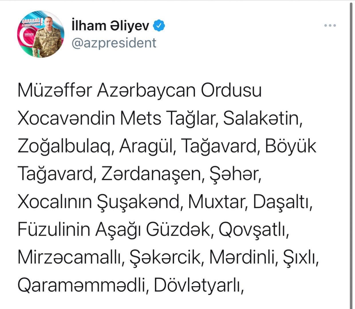 President Ilham Aliyev: Victorious Azerbaijani Army liberated 48 more villages, 1 settlement and 8 strategic hills from occupation