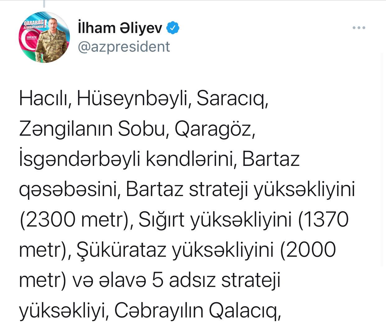 President Ilham Aliyev: Victorious Azerbaijani Army liberated 48 more villages, 1 settlement and 8 strategic hills from occupation