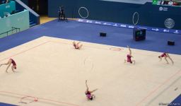 Команда Азербайджана в групповых упражнениях прошла в финал Кубка мира в Баку в программе с тремя обручами и двумя парами булав (ФОТО)