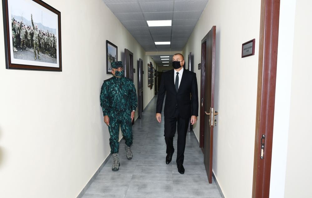 President Ilham Aliyev and First Lady Mehriban Aliyeva view conditions created at military unit complex in Zangilan district (PHOTO)