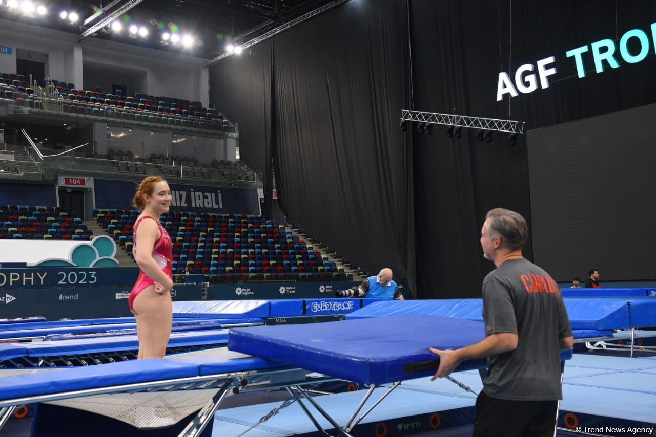 Podium training for Trampoline Gymnastics World Cup participants held in Baku