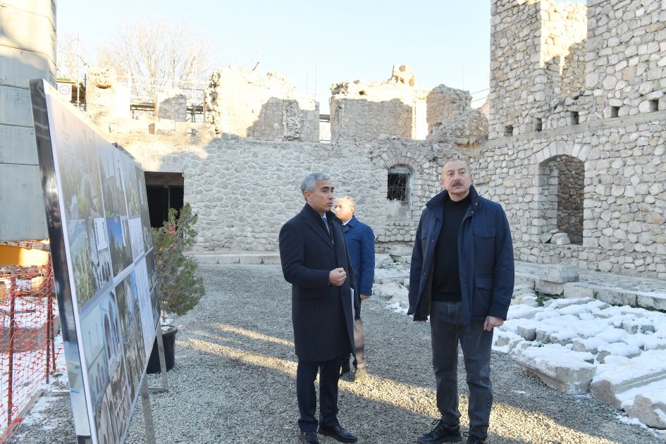 President Ilham Aliyev views restoration progress at Ashaghi Govhar Agha mosque in Shusha (PHOTO)