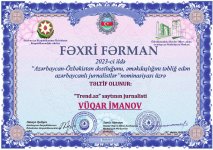 Корреспондент Trend Вугар Иманов удостоен награды Азербайджанского культурного центра имени Гейдара Алиева в Узбекистане  (ФОТО)
