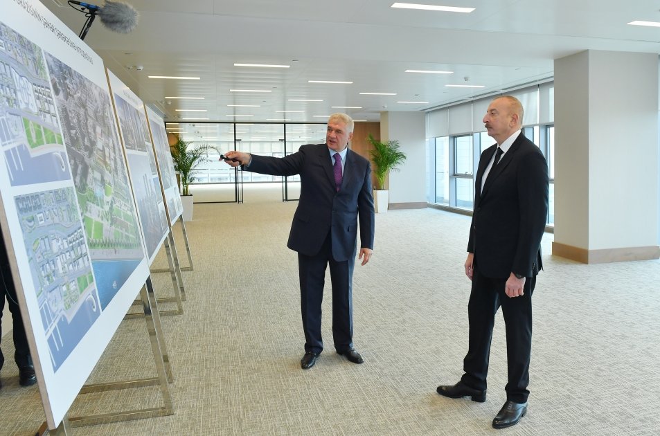 President Ilham Aliyev views construction, redevelopment works, conditions created in Office building in Central Park Quarter of Baku White City (PHOTO)