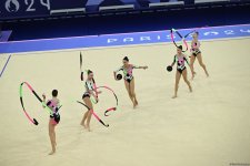 Азербайджанские гимнастки выполнили второе упражнение в квалификации группового многоборья на Олимпиаде в Париже (ФОТО)