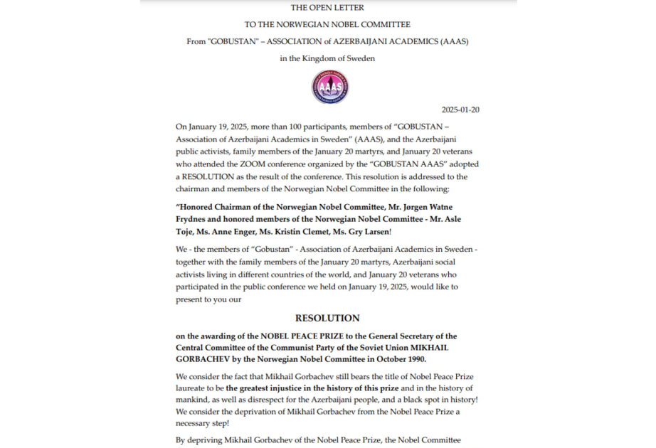 Azerbaijani Society reaching out to Nobel Committee to revoke Mikhail Gorbachev’s prize