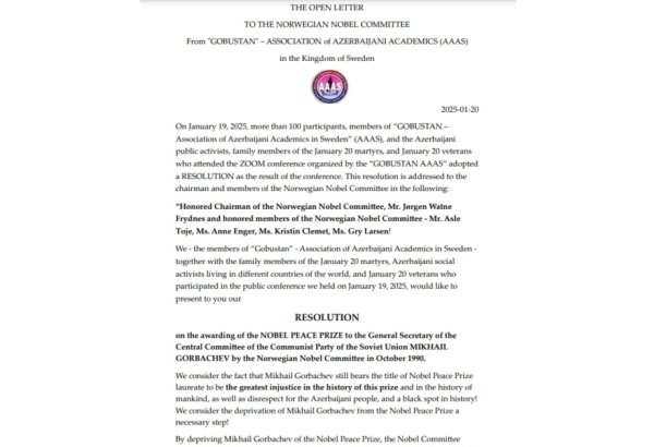 Azerbaijani Society reaching out to Nobel Committee to revoke Mikhail Gorbachev’s prize