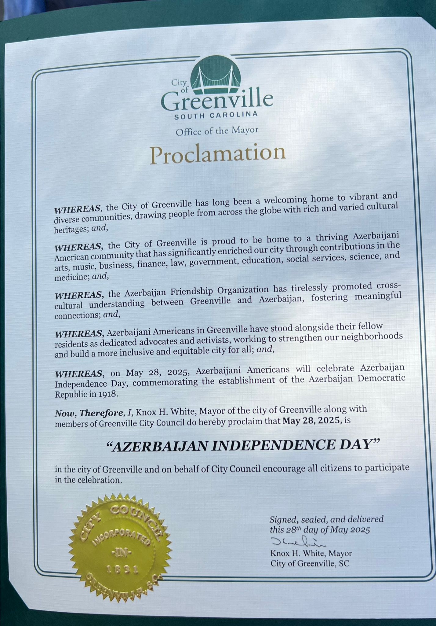 Greenville, South Carolina declares May 28, 2025 Independence Day of Azerbaijan (PHOTO)