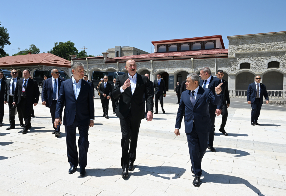 President Ilham Aliyev and Chairman of Turkmenistan’s Halk Maslahaty view bullet-riddled monuments of Natavan, Bulbul, and Uzeyir Hajibeyli in Shusha (PHOTO)