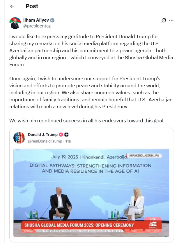 President Ilham Aliyev thanks Donald Trump for sharing his speech at Shusha Global Media Forum (PHOTO)
