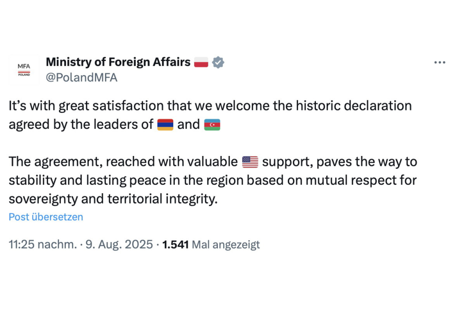 Azerbaycan ve Ermenistan liderleri tarafından kabul edilen tarihi beyannameyi memnuniyetle karşılıyoruz – Dışişleri Bakanlığı Polonya