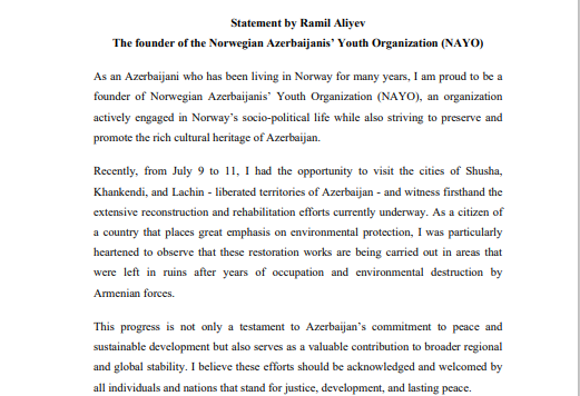 Azerbaijani diaspora youth organization addresses Norwegian government