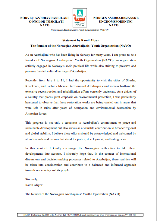 Azerbaijani diaspora youth organization addresses Norwegian government