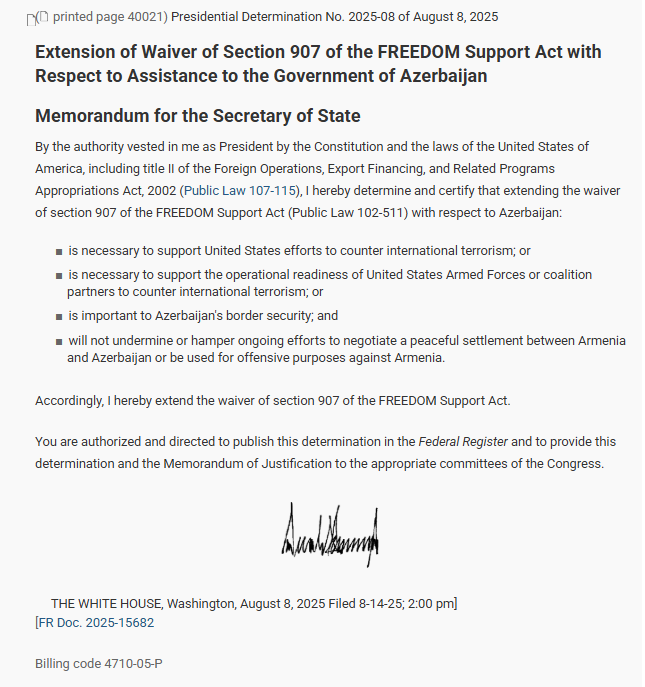 US President signs document granting Section 907 waiver to Azerbaijan (PHOTO)
