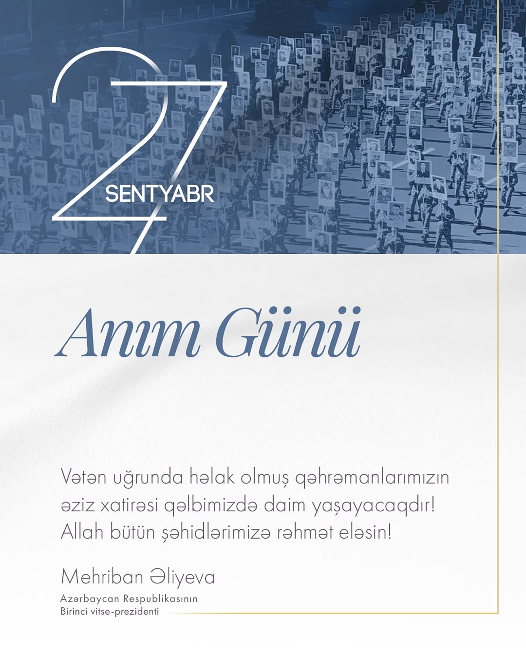 First VP Mehriban Aliyeva shares post on September 27 - Remembrance Day (PHOTO)
