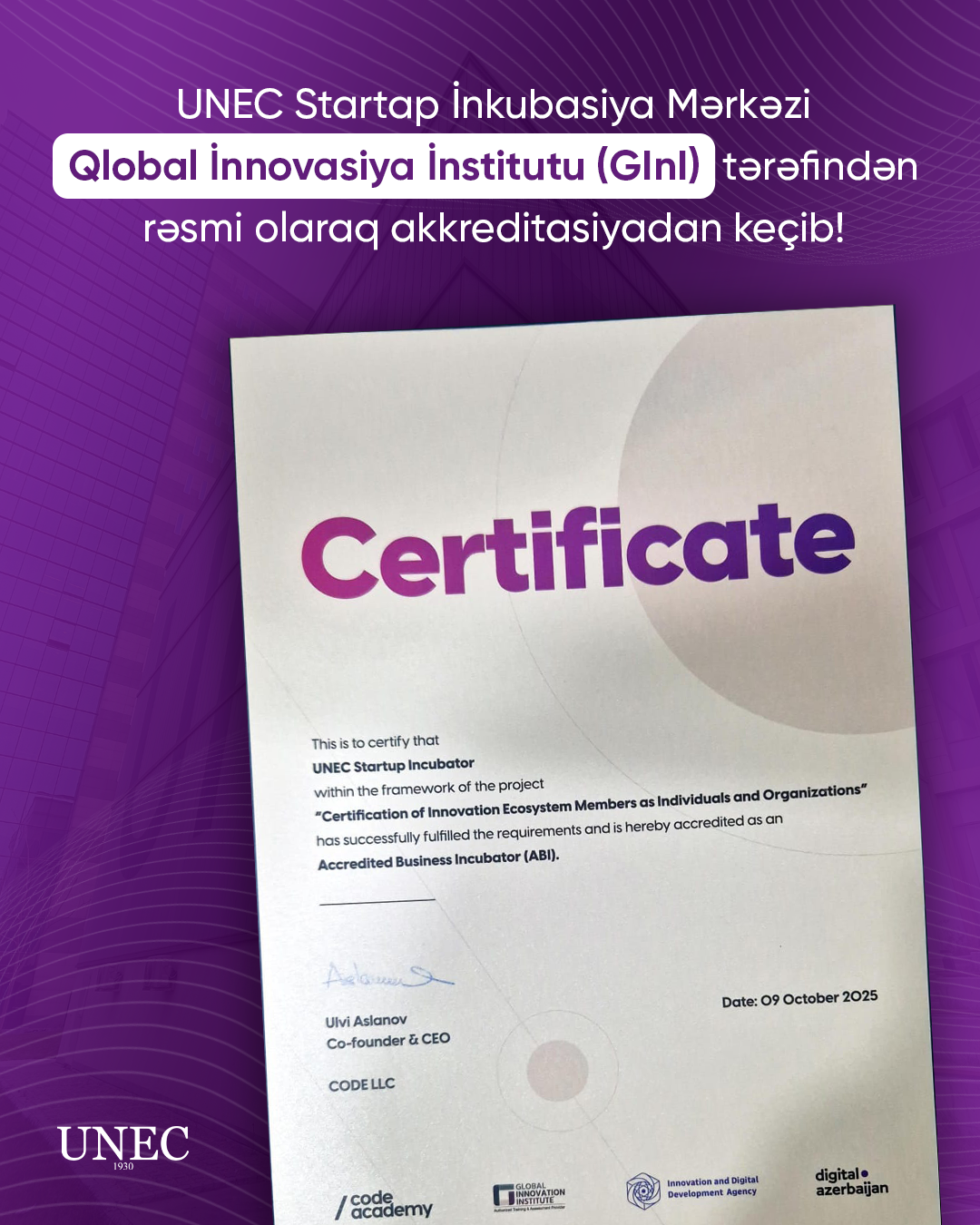 UNEC Startup Incubation Center earns accreditation from the Global Innovation Institute