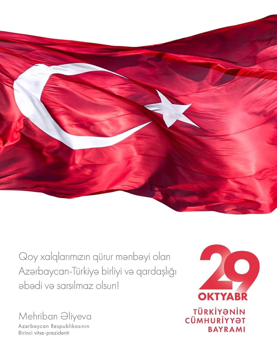 First VP Mehriban Aliyeva shares post on occasion of Türkiye's Republic Day (PHOTO)