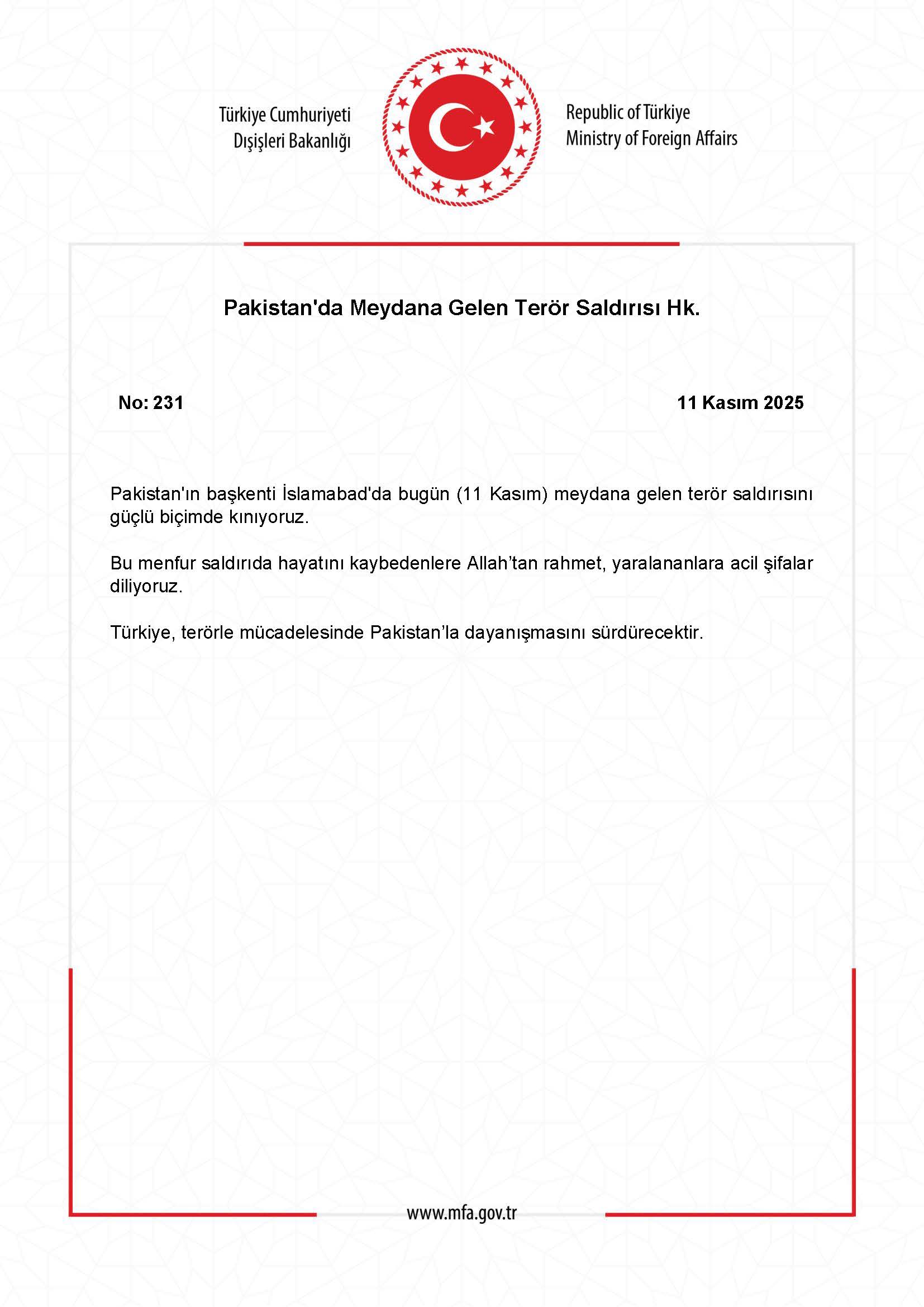 Türkiye extends condolences to Pakistan