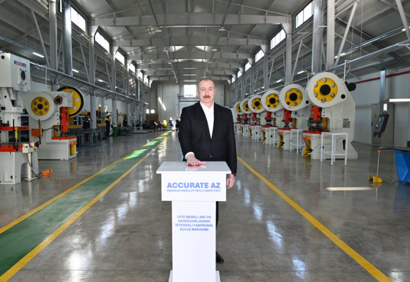 President Ilham Aliyev attends opening of office furniture and furniture fittings factory in Ballija village of Khojaly