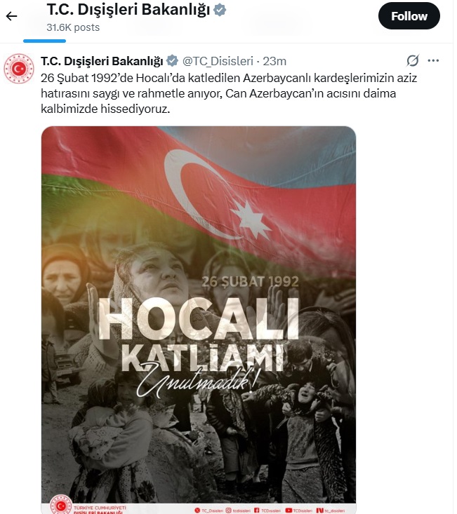 Turkish Foreign Ministry shares social media post on Khojaly genocide (PHOTO)