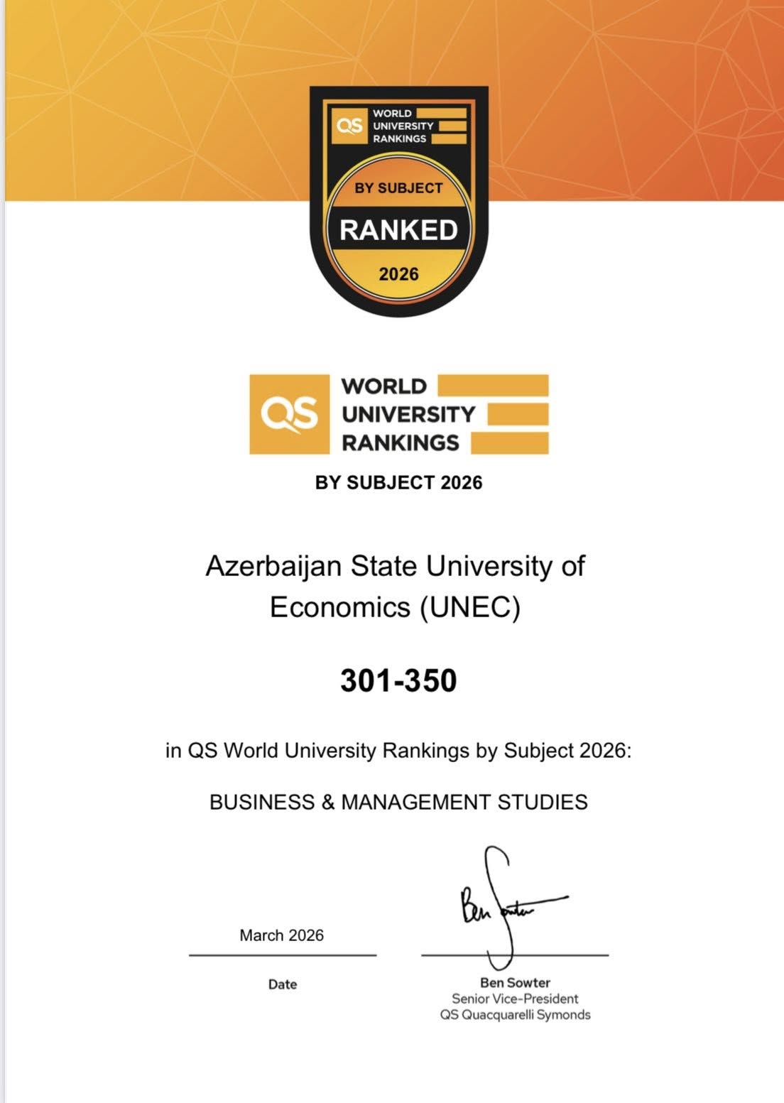 UNEC rises to 250th place globally in Economics (PHOTO)
