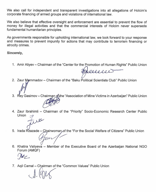Azerbaijani NGOs appeal to governments of 48 countries to investigate Lafarge (PHOTO)