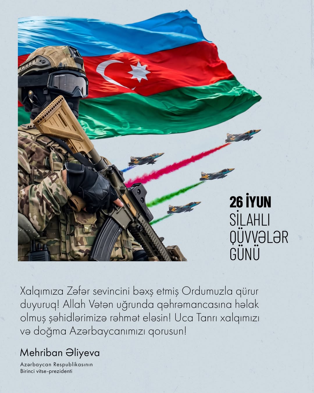 First VP Mehriban Aliyeva shares post on occasion of 26 June - Armed Forces Day (PHOTO)