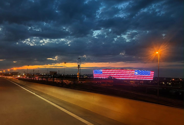 U.S. flag colors illuminate Baku Olympic Stadium