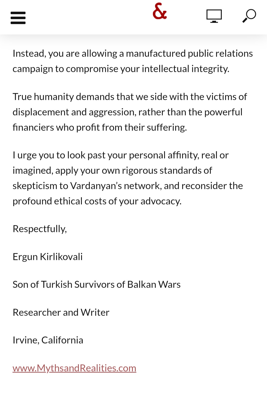 Turkish-American scientist Ergun Kirlikovali criticizes Taleb’s stance on Ruben Vardanyan (PHOTO)