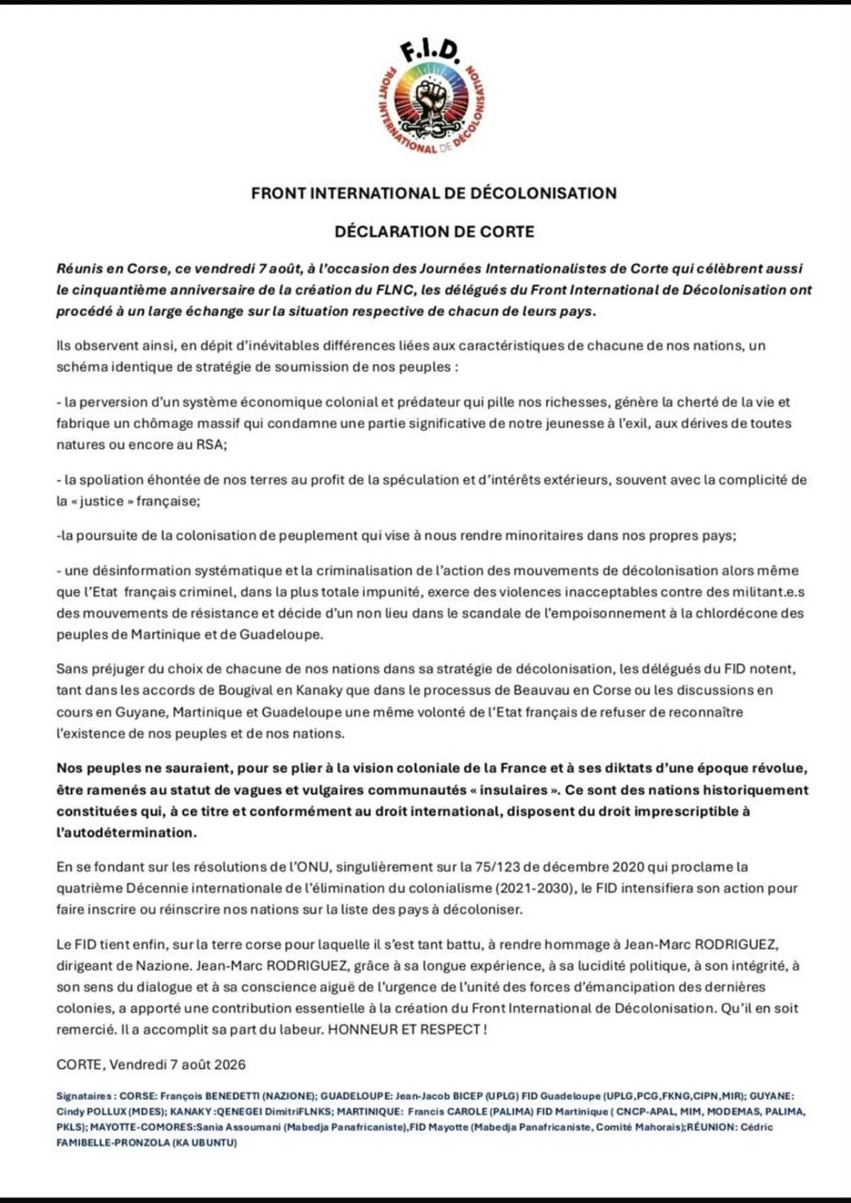 IDF adopts "Corte Declaration" against French colonial exploitation mechanisms (PHOTO)